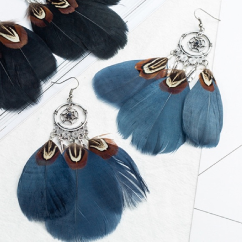 BOGO! Dream Catcher Feather Earrings Navy Silver - Picture 3 of 6